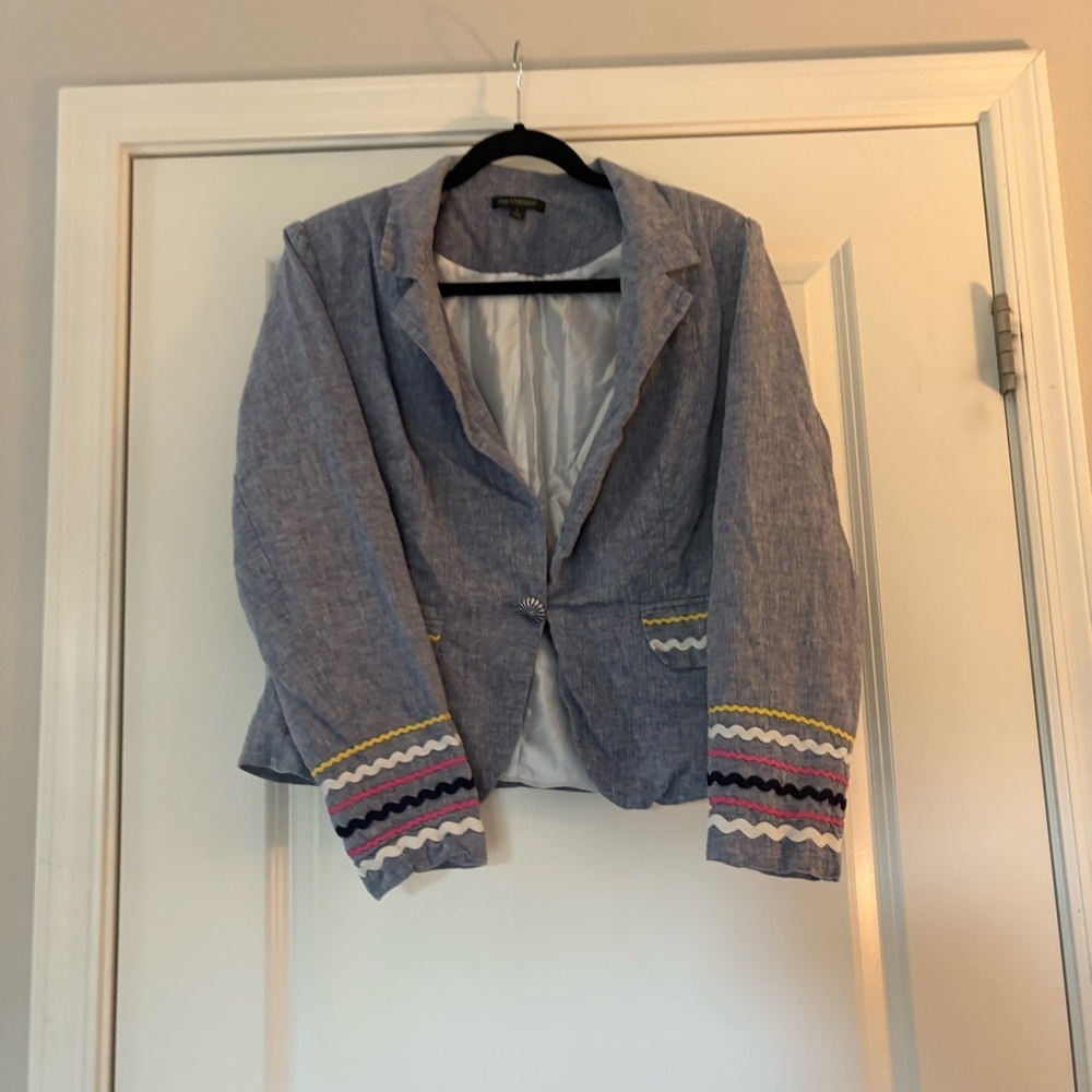 For Cynthia Women's Gray Multicolor Accents Linen/Cotton Blend Blazer - Picture 2 of 14